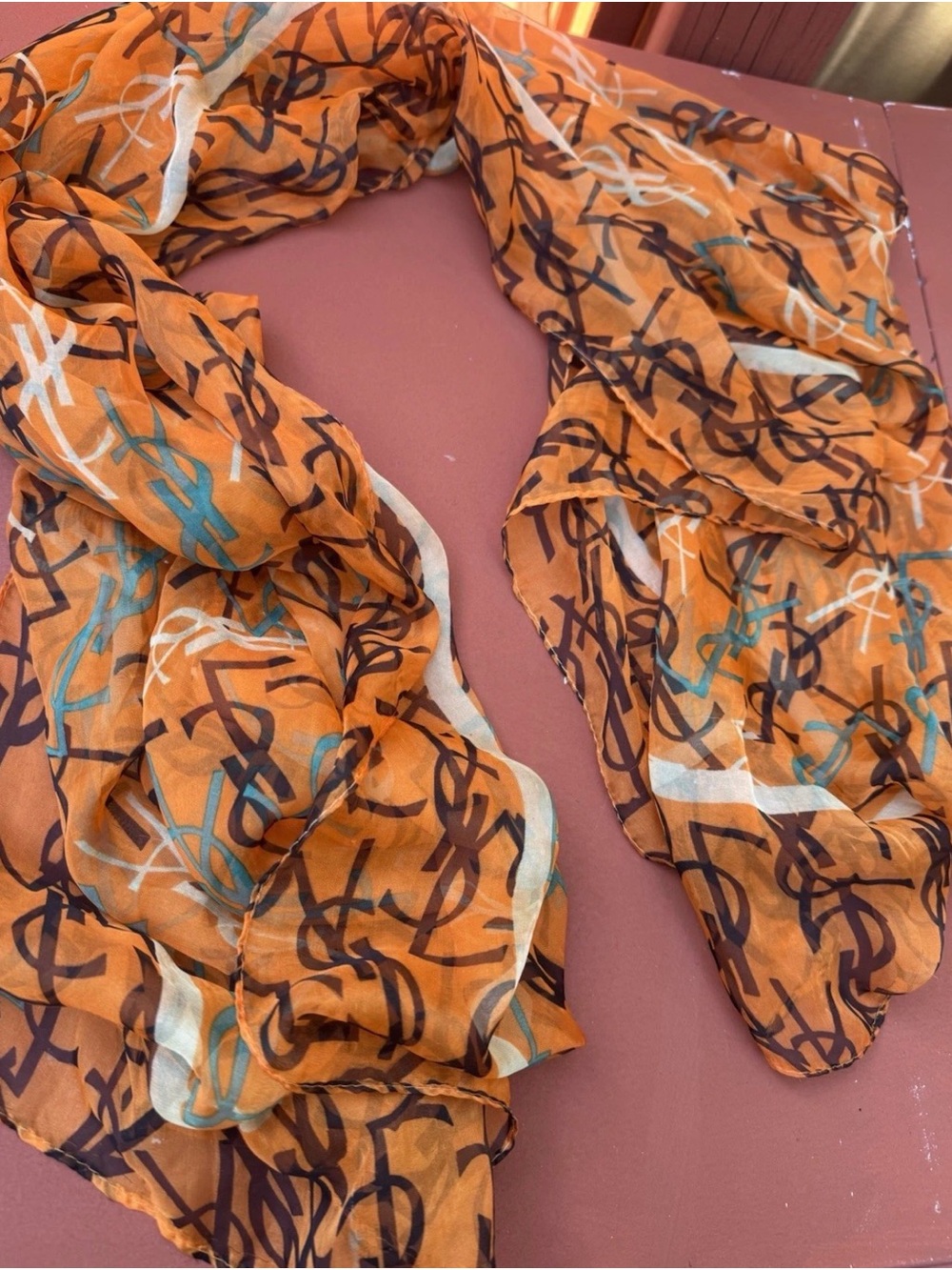 Yves Saint Laurent Orange Logo-Print Silk Scarf with Teal & Cream Accents